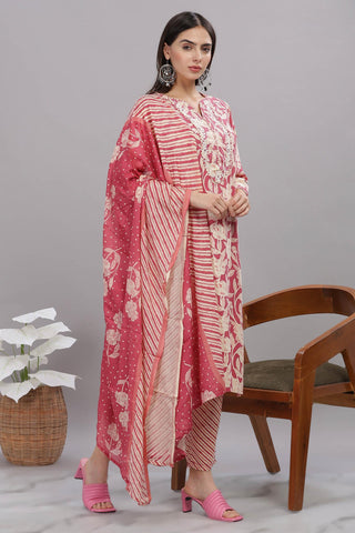 Pure Cotton Red Floral Printed Kurta Set with Thread Embroidered Neckline and Dupatta