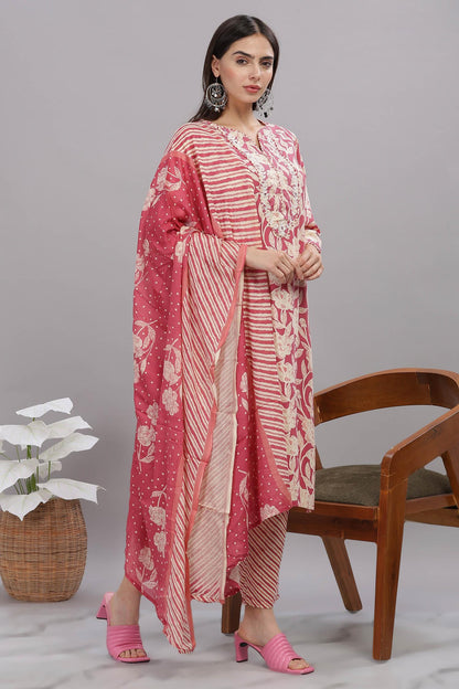 Pure Cotton Red Floral Printed Kurta Set with Thread Embroidered Neckline and Dupatta