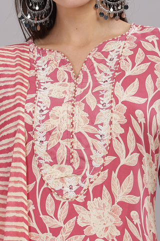 Pure Cotton Red Floral Printed Kurta Set with Thread Embroidered Neckline and Dupatta