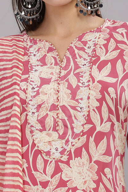 Pure Cotton Red Floral Printed Kurta Set with Thread Embroidered Neckline and Dupatta
