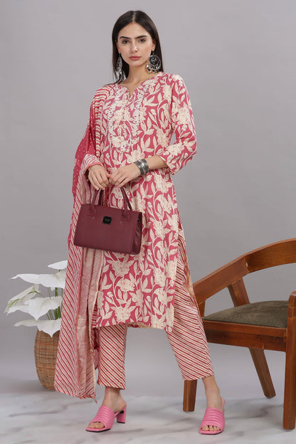 Pure Cotton Red Floral Printed Kurta Set with Thread Embroidered Neckline and Dupatta