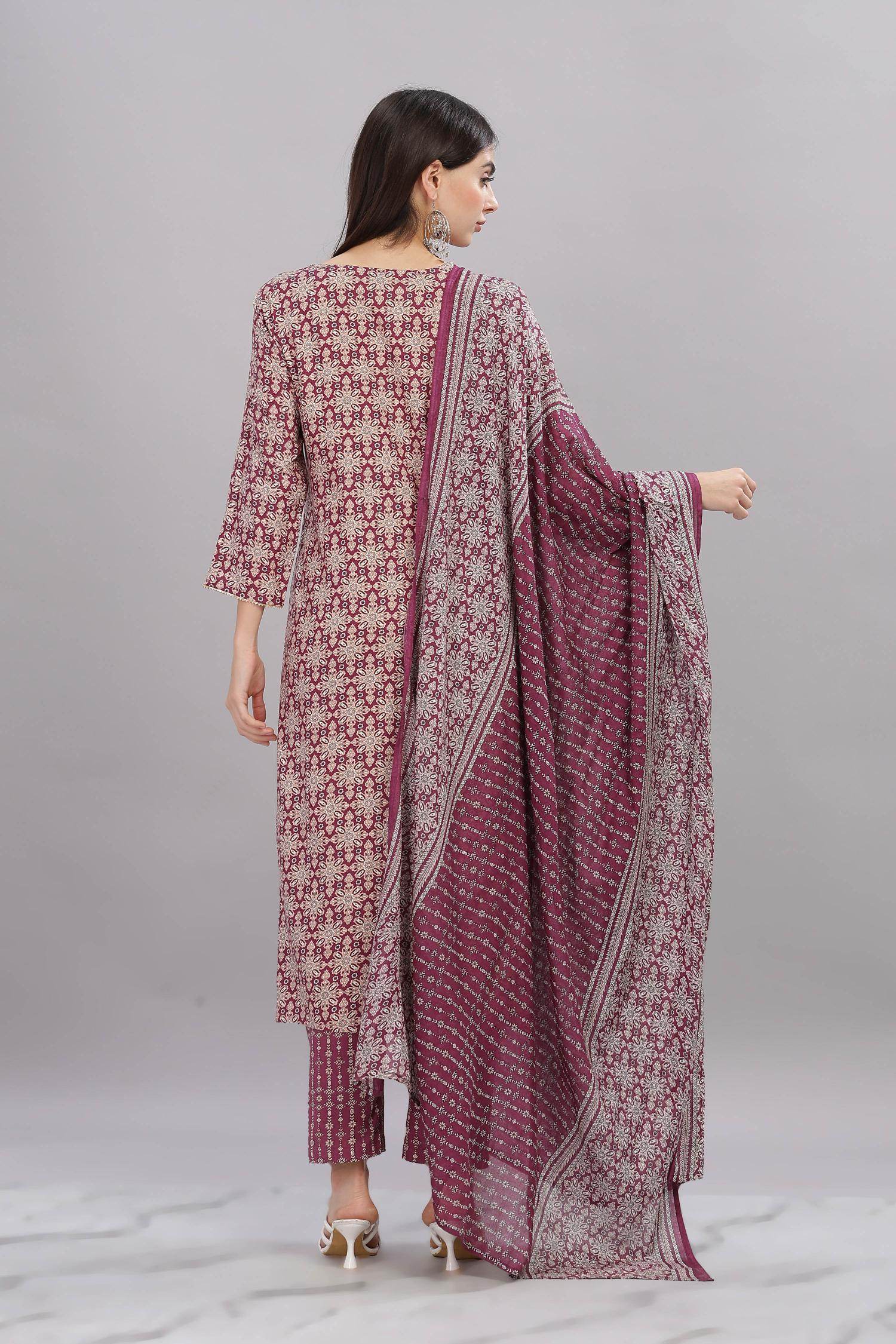 Firdous Rayon Maroon Kurta Set with Dupatta - BulBul