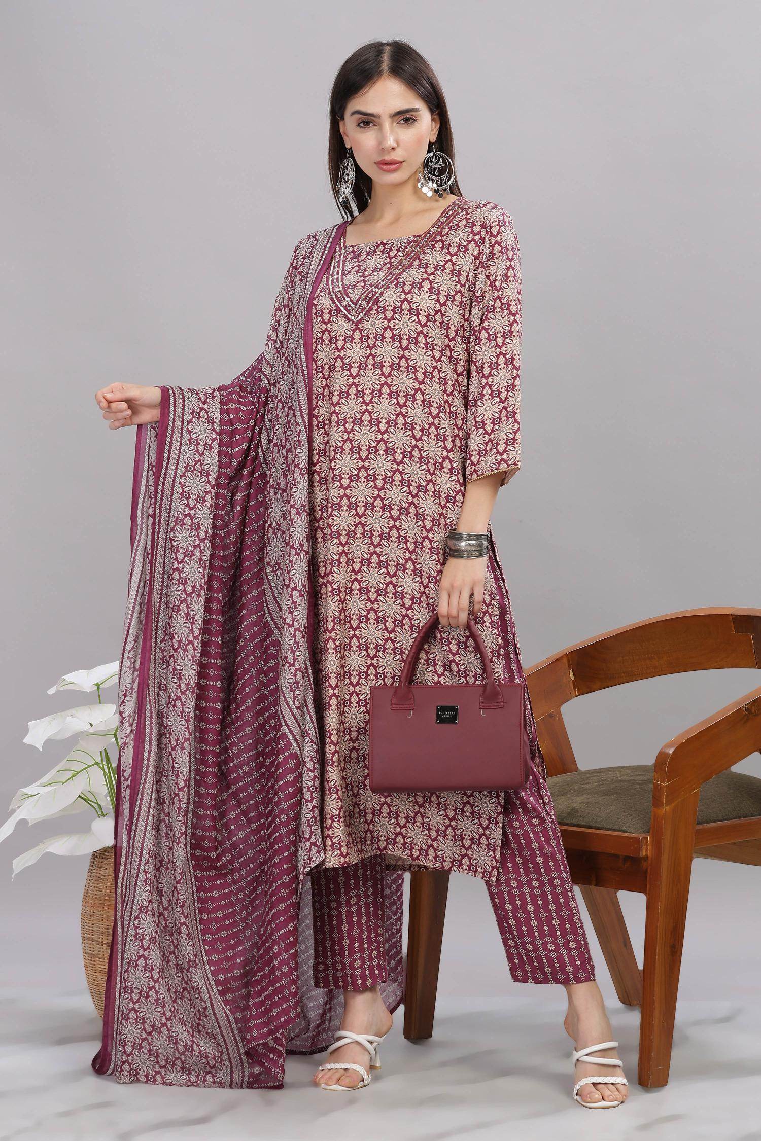 Firdous Rayon Maroon Kurta Set with Dupatta - BulBul