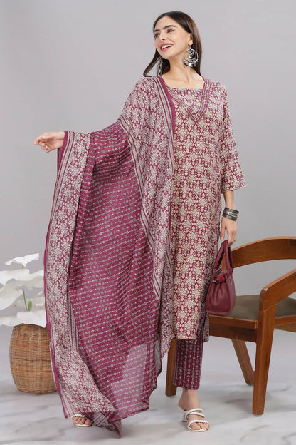 Firdous Rayon Maroon Kurta Set with Dupatta - BulBul