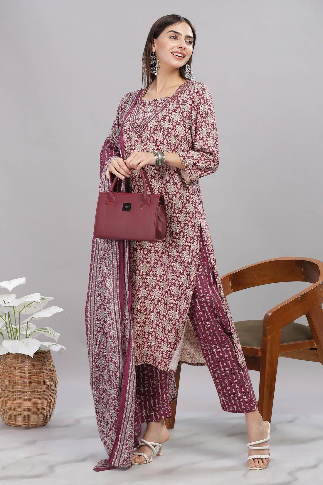 Firdous Rayon Maroon Kurta Set with Dupatta - BulBul