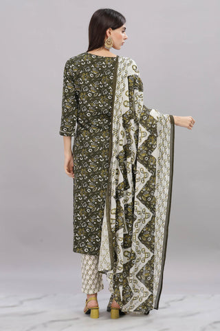 Pure Cotton Olive Printed Kurta Set with Delicate Embroidered Neckline and Dupatta