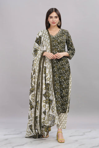 Pure Cotton Olive Printed Kurta Set with Delicate Embroidered Neckline and Dupatta