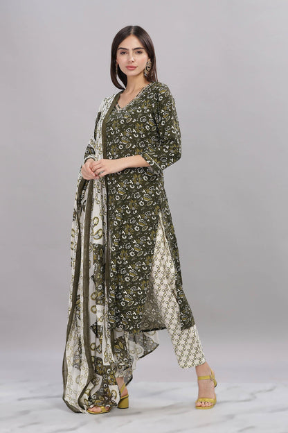 Pure Cotton Olive Printed Kurta Set with Delicate Embroidered Neckline and Dupatta