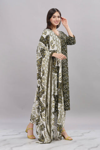 Pure Cotton Olive Printed Kurta Set with Delicate Embroidered Neckline and Dupatta