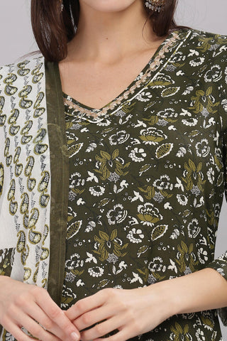 Pure Cotton Olive Printed Kurta Set with Delicate Embroidered Neckline and Dupatta