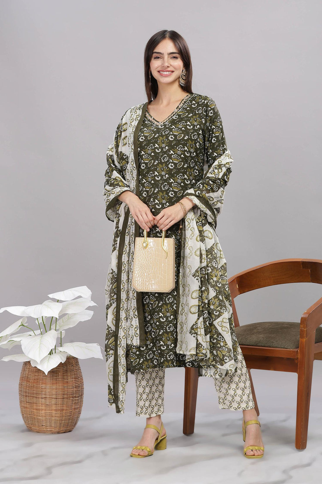 Pure Cotton Olive Printed Kurta Set with Delicate Embroidered Neckline and Dupatta