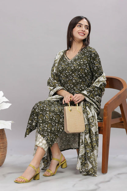 Pure Cotton Olive Printed Kurta Set with Delicate Embroidered Neckline and Dupatta