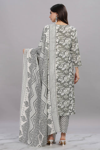 Pure Cotton Firdous Grey Floral Printed Kurta Set with Contrast Hand Thread Stitch Neck Detailing and Dupatta
