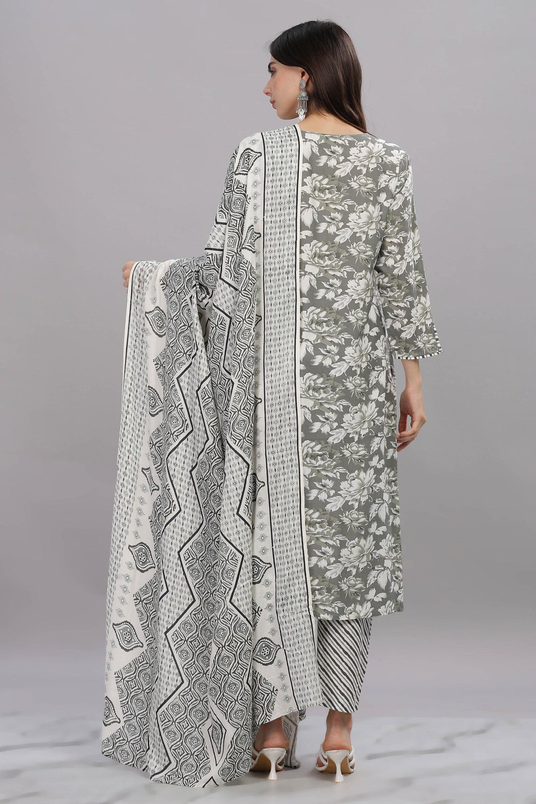 Pure Cotton Firdous Grey Floral Printed Kurta Set with Contrast Hand Thread Stitch Neck Detailing and Dupatta
