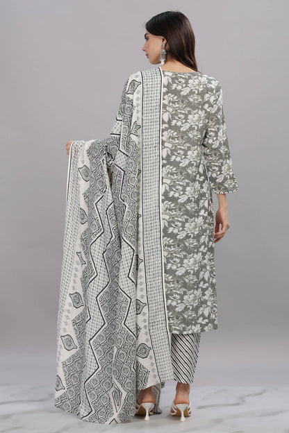 Pure Cotton Firdous Grey Floral Printed Kurta Set with Contrast Hand Thread Stitch Neck Detailing and Dupatta