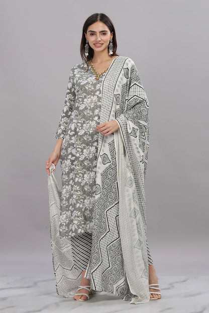 Pure Cotton Firdous Grey Floral Printed Kurta Set with Contrast Hand Thread Stitch Neck Detailing and Dupatta
