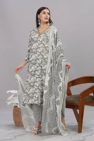 Pure Cotton Firdous Grey Floral Printed Kurta Set with Contrast Hand Thread Stitch Neck Detailing and Dupatta