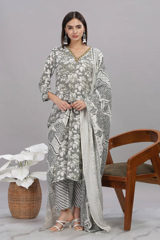 Pure Cotton Firdous Grey Floral Printed Kurta Set with Contrast Hand Thread Stitch Neck Detailing and Dupatta