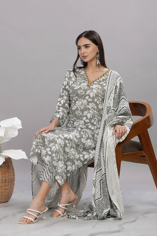Pure Cotton Firdous Grey Floral Printed Kurta Set with Contrast Hand Thread Stitch Neck Detailing and Dupatta
