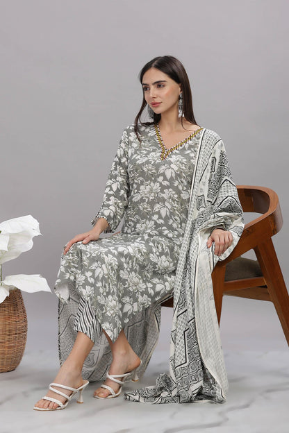 Pure Cotton Firdous Grey Floral Printed Kurta Set with Contrast Hand Thread Stitch Neck Detailing and Dupatta
