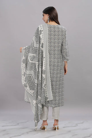 Pure Cotton Firdous Grey Printed Kurta Set with Dupatta Featuring Hand Beaded Neckline Detail