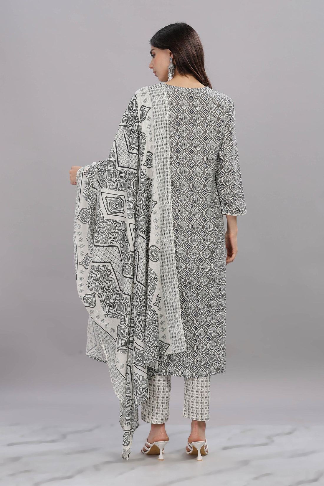 Pure Cotton Firdous Grey Printed Kurta Set with Dupatta Featuring Hand Beaded Neckline Detail
