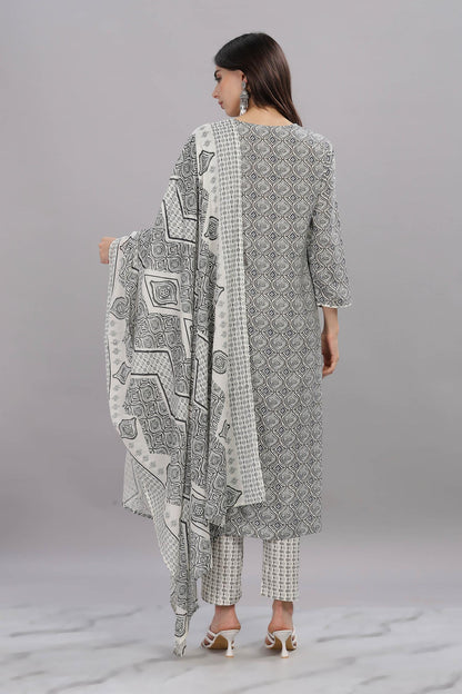 Pure Cotton Firdous Grey Printed Kurta Set with Dupatta Featuring Hand Beaded Neckline Detail