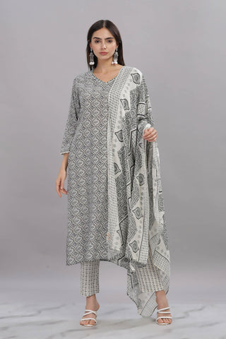 Pure Cotton Firdous Grey Printed Kurta Set with Dupatta Featuring Hand Beaded Neckline Detail