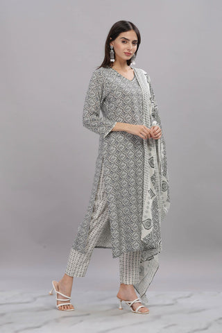 Pure Cotton Firdous Grey Printed Kurta Set with Dupatta Featuring Hand Beaded Neckline Detail