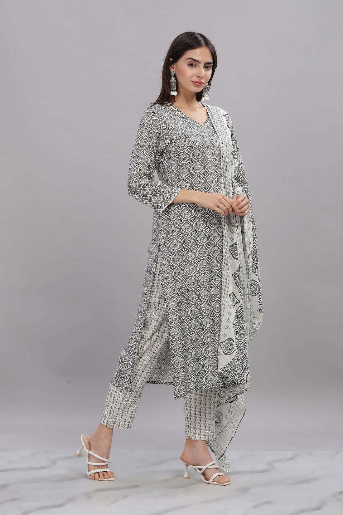 Pure Cotton Firdous Grey Printed Kurta Set with Dupatta Featuring Hand Beaded Neckline Detail