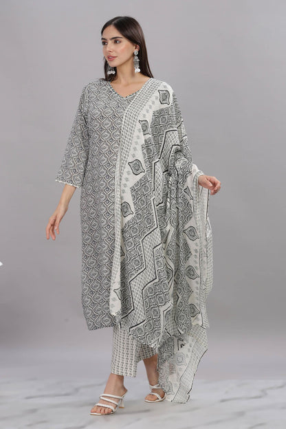 Pure Cotton Firdous Grey Printed Kurta Set with Dupatta Featuring Hand Beaded Neckline Detail