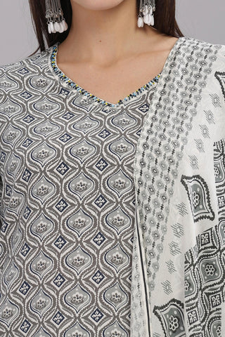 Pure Cotton Firdous Grey Printed Kurta Set with Dupatta Featuring Hand Beaded Neckline Detail