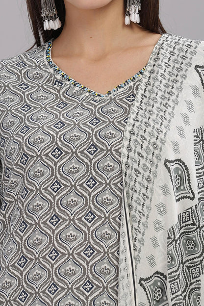 Pure Cotton Firdous Grey Printed Kurta Set with Dupatta Featuring Hand Beaded Neckline Detail