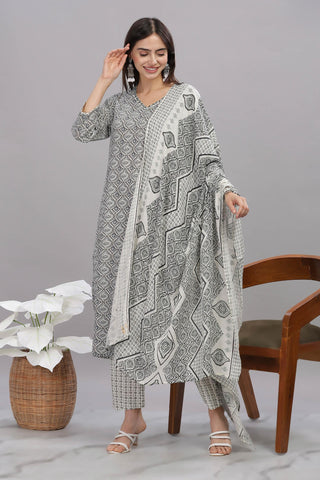 Pure Cotton Firdous Grey Printed Kurta Set with Dupatta Featuring Hand Beaded Neckline Detail