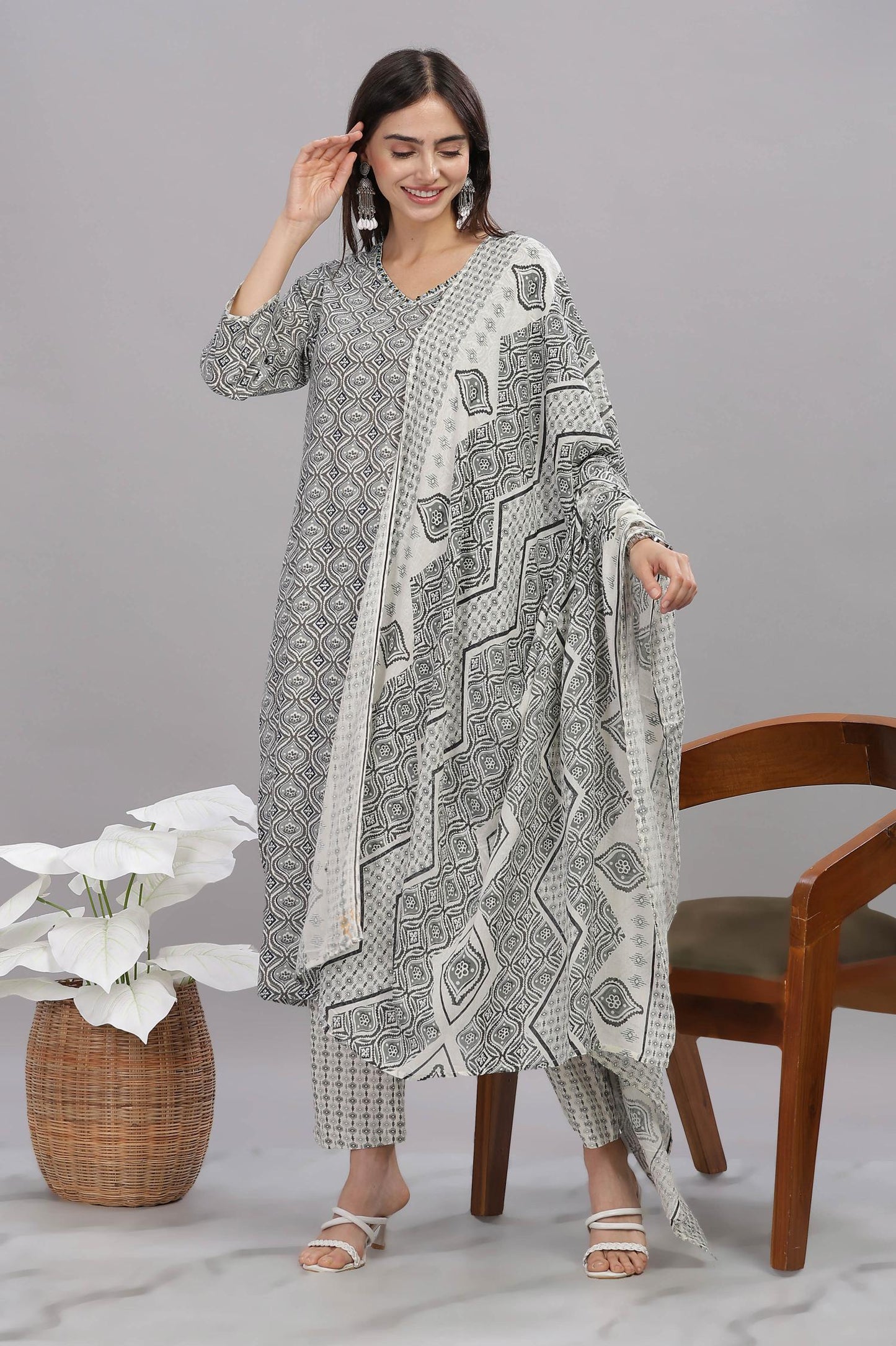 Firdous Rayon Grey Kurta Set with Dupatta