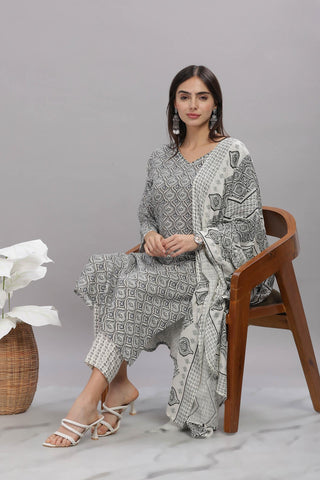 Pure Cotton Firdous Grey Printed Kurta Set with Dupatta Featuring Hand Beaded Neckline Detail