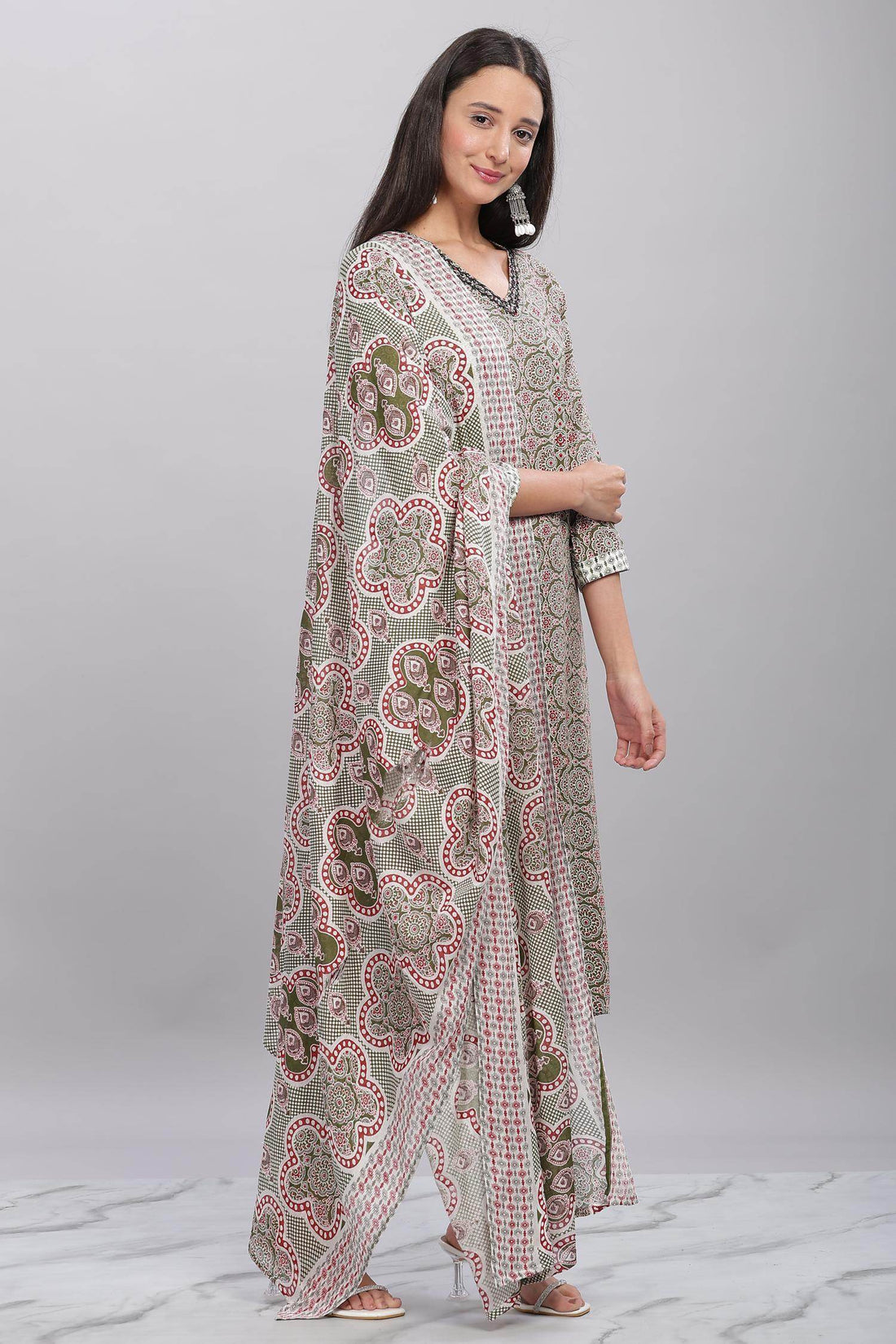 Firdous Rayon Olive Kurta Set with Dupatta - BulBul