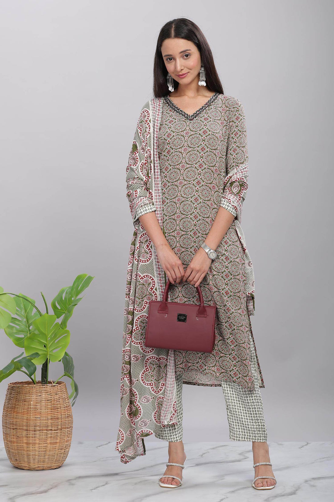 Firdous Rayon Olive Kurta Set with Dupatta - BulBul