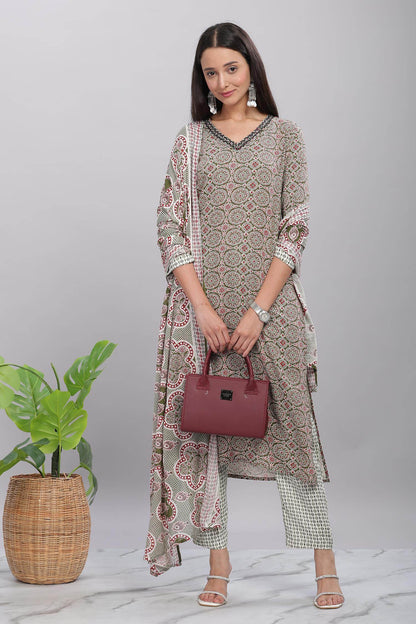 Firdous Rayon Olive Kurta Set with Dupatta - BulBul