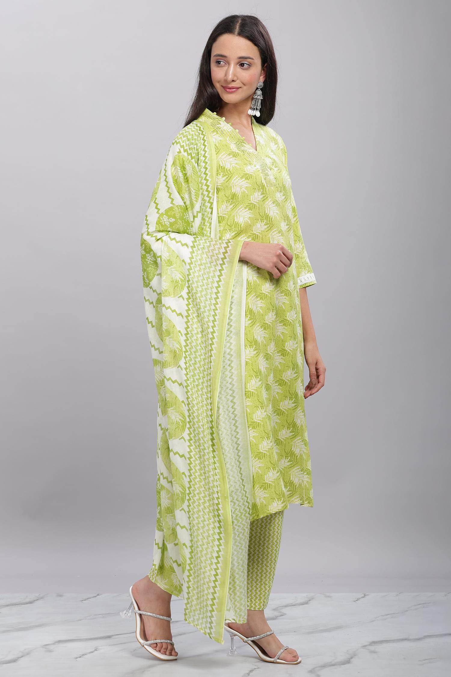 Firdous Rayon Green Kurta Set with Dupatta - BulBul
