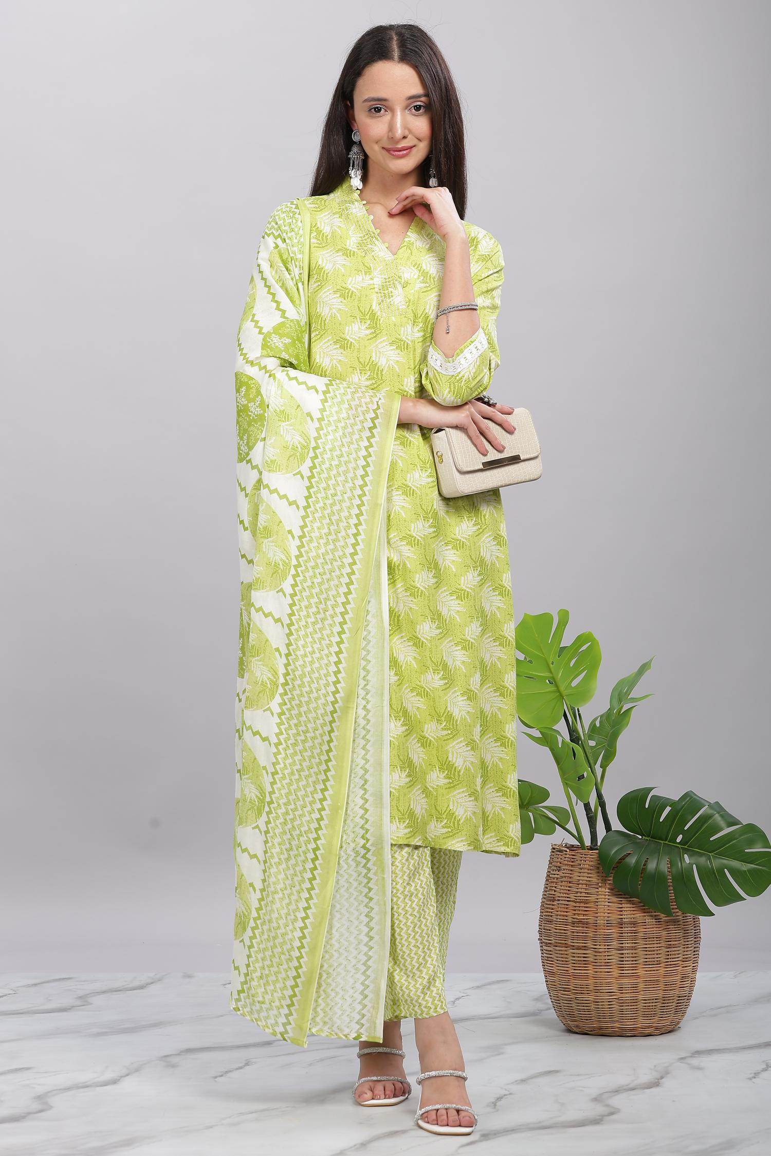 Firdous Rayon Green Kurta Set with Dupatta - BulBul