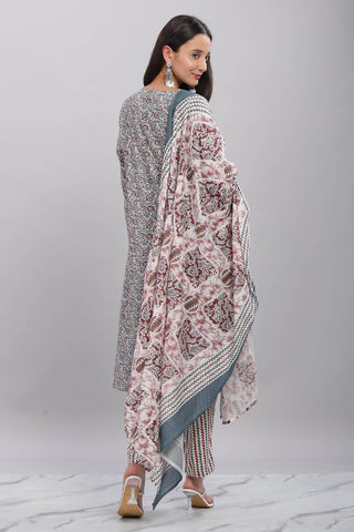 Firdous Rayon Grey Kurta Set with Dupatta - BulBul