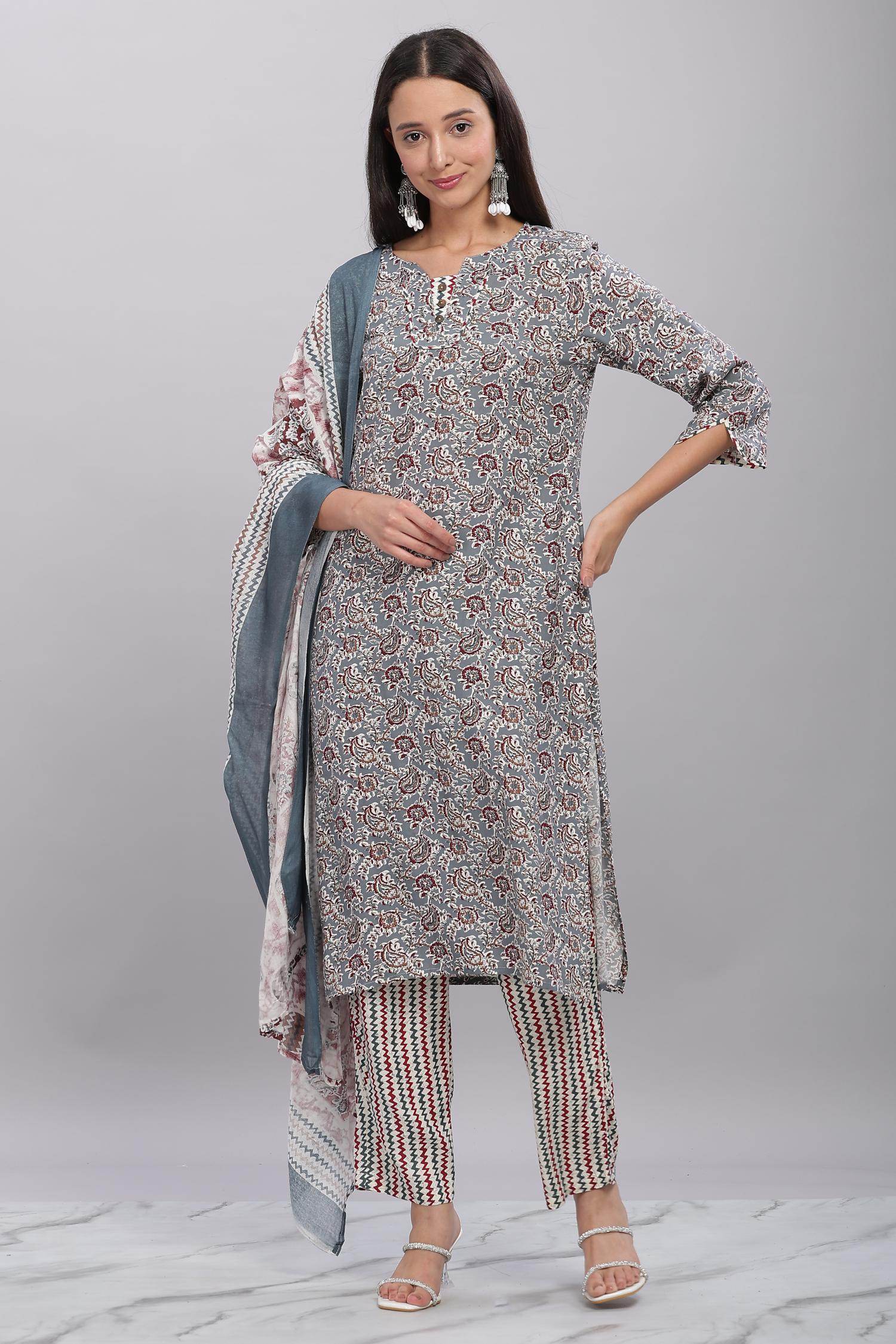 Firdous Rayon Grey Kurta Set with Dupatta - BulBul