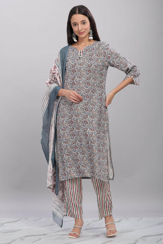 Firdous Rayon Grey Kurta Set with Dupatta - BulBul