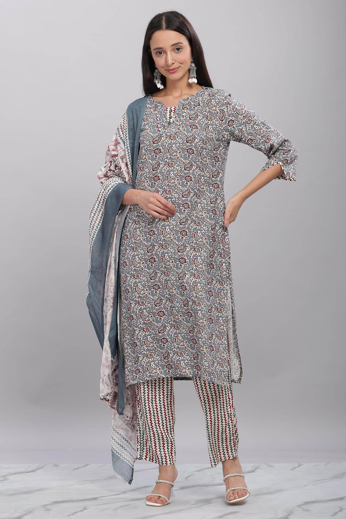 Firdous Rayon Grey Kurta Set with Dupatta - BulBul