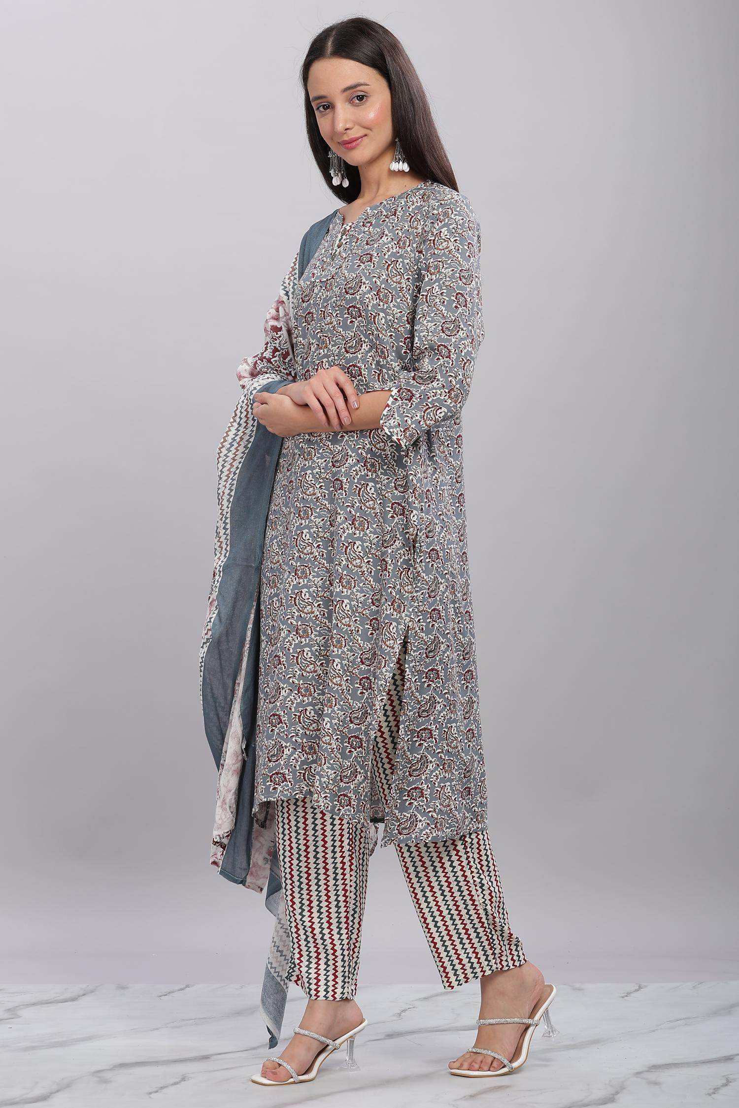Firdous Rayon Grey Kurta Set with Dupatta - BulBul