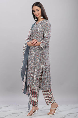 Firdous Rayon Grey Kurta Set with Dupatta - BulBul
