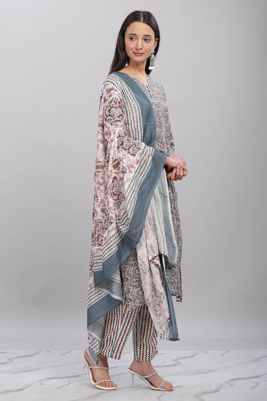 Firdous Rayon Grey Kurta Set with Dupatta - BulBul