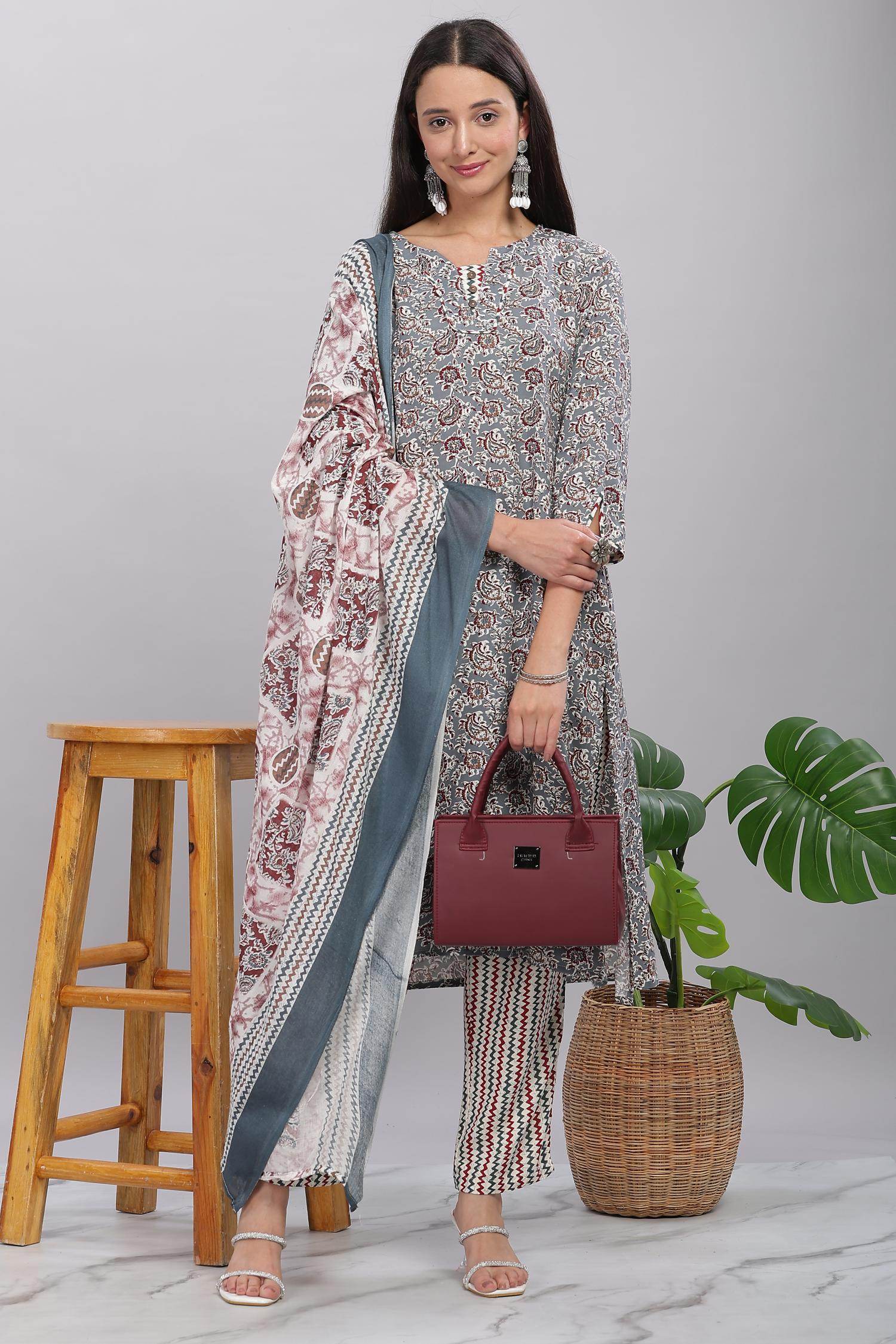 Firdous Rayon Grey Kurta Set with Dupatta - BulBul