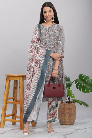 Firdous Rayon Grey Kurta Set with Dupatta - BulBul